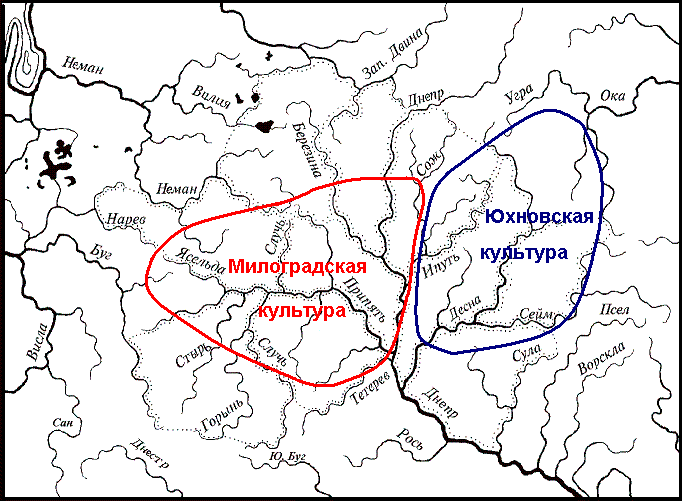 Территории распространения Милоградской и Юхновской культур